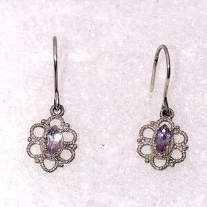 Vtg Sterling Amethyst Marquis Shaped Stone Floral Filigree Style Earrings 1.1”